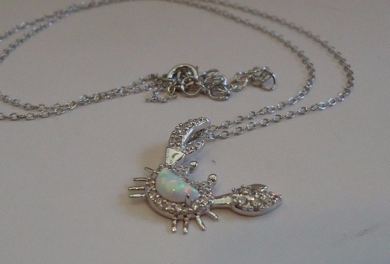 925 STERLING SILVER CRAB NECKLACE PENDANT W/ .75ct OPAL / LAB DIAMONDS/18”