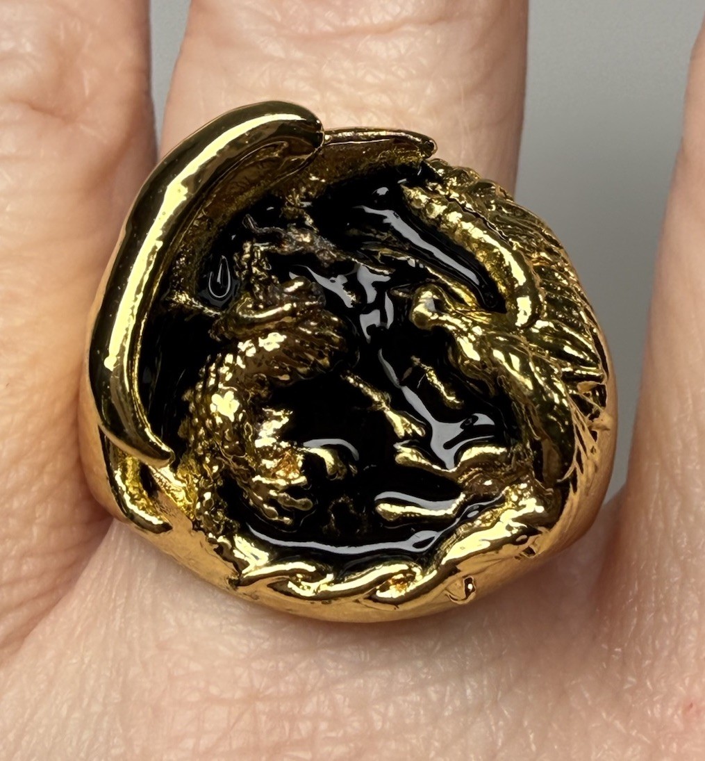 Sterling Silver Gold Plated Dragon Fantasy Ring Size 10.75 Black Enamel