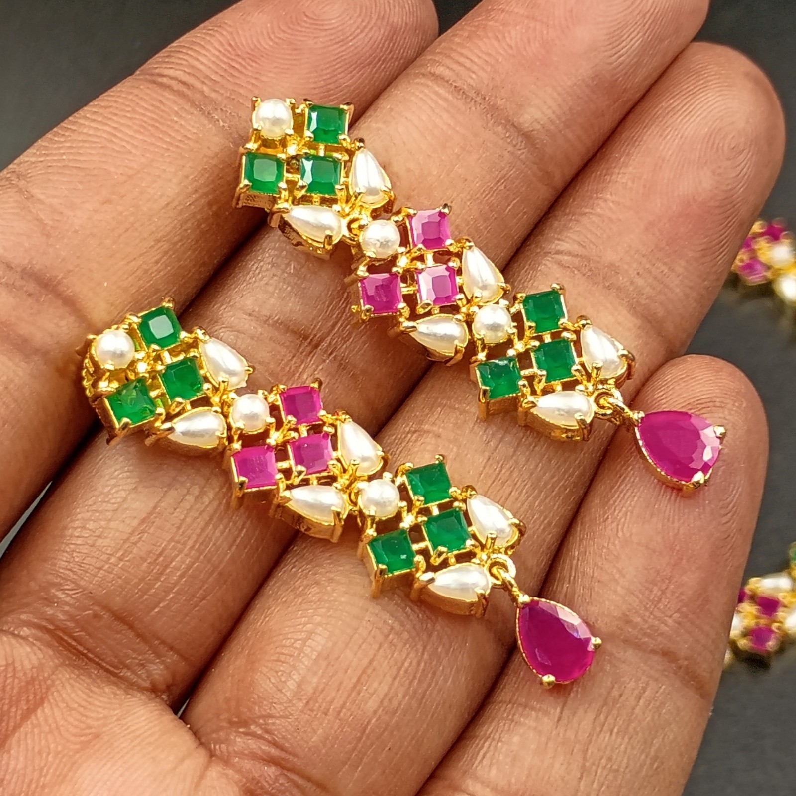 Bollywood Style Ruby Emerald Pearl 22K Gold Plated Jewelry Necklace Earrings Set