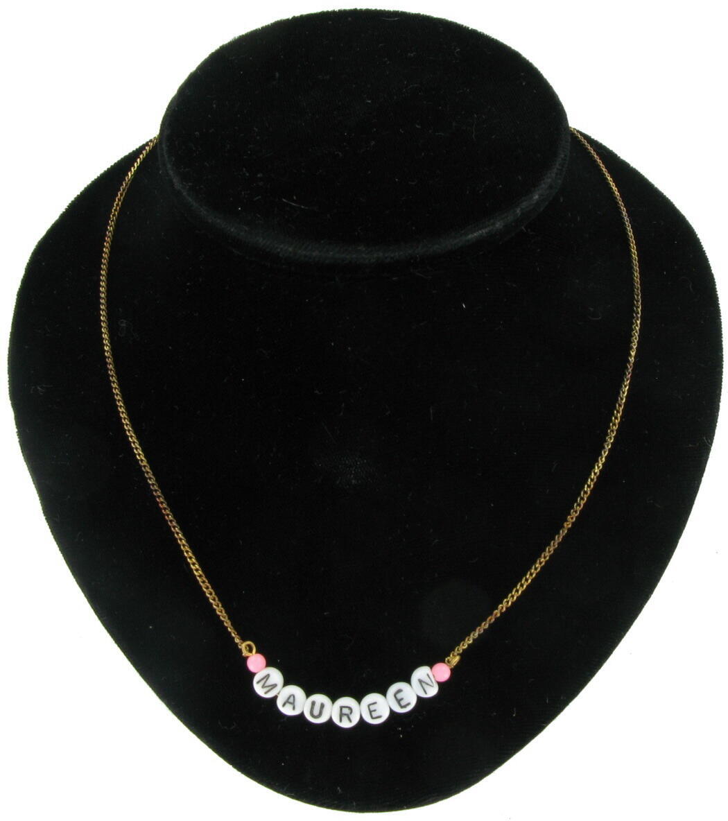 Maureen – Name Necklace Gold Tone Pink Glass – Circa 1950-60