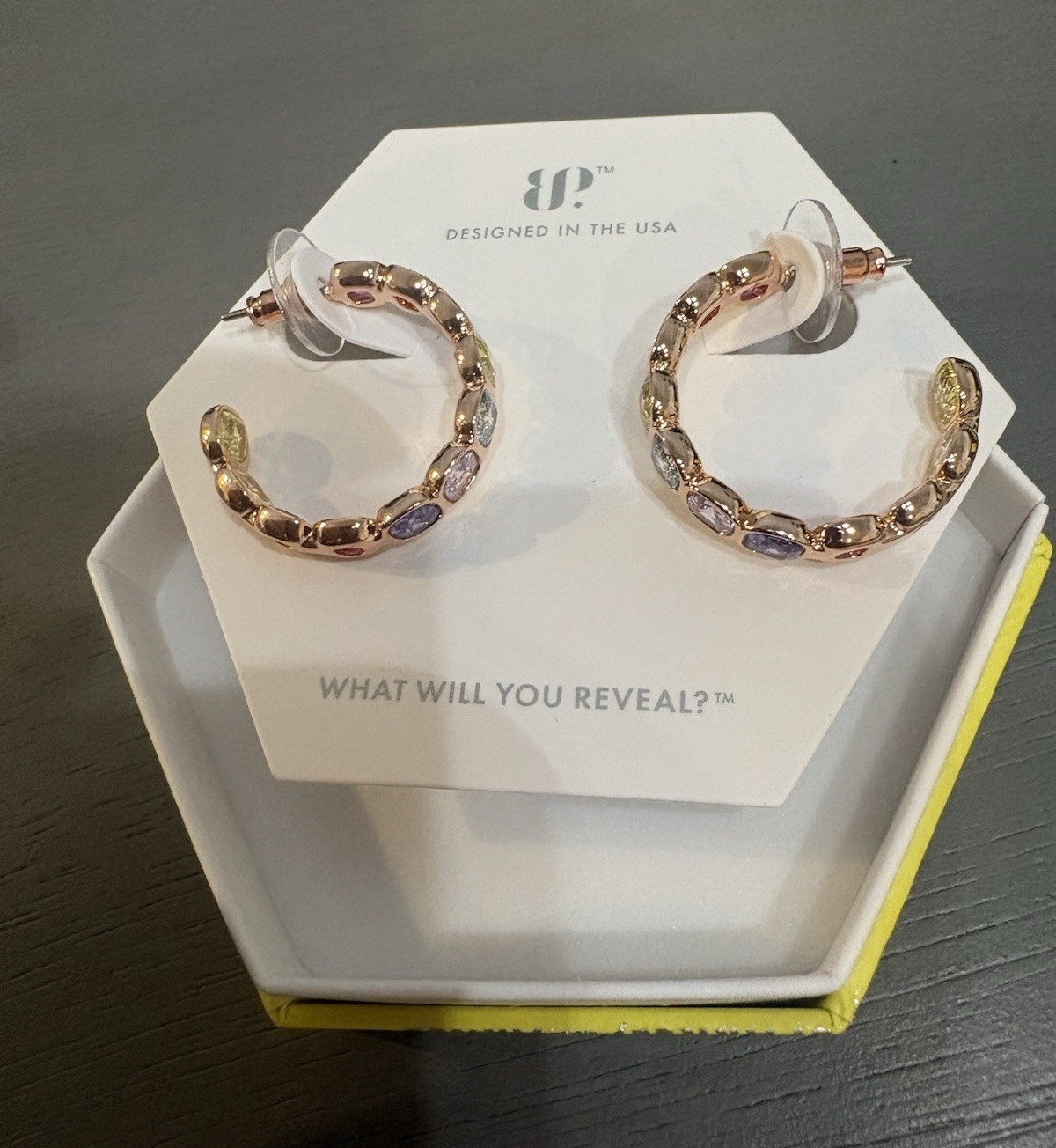ER20680 Lumière Facet Hoops Gradient of Multi Color CZ Rose Gold Plating