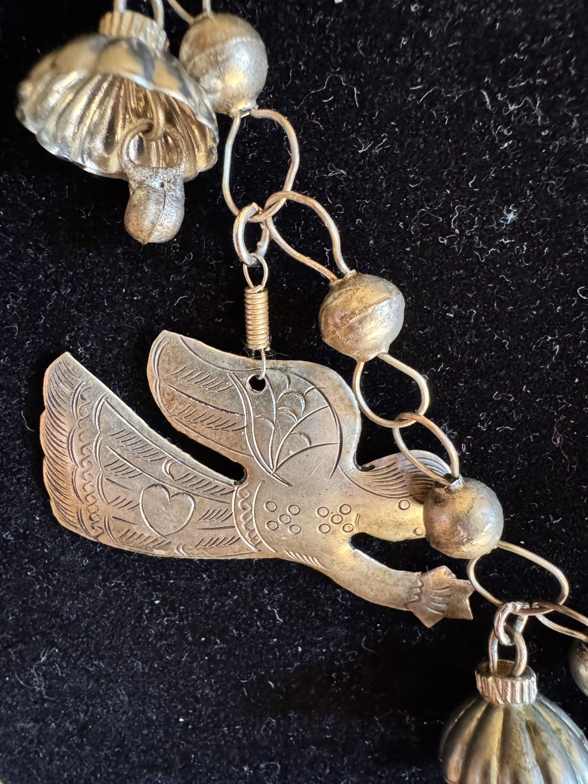 Vintage Artisan Milagro Etched Brass Flying Angel large Charm Necklace