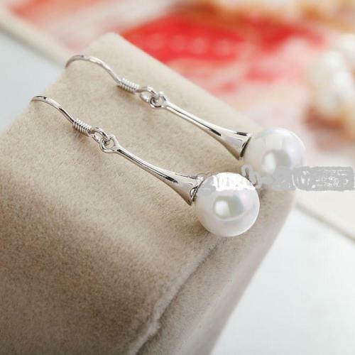 Pretty Silver Plated White 8mm Pearl Bead Hook Elongated Dangle Drop Earrings