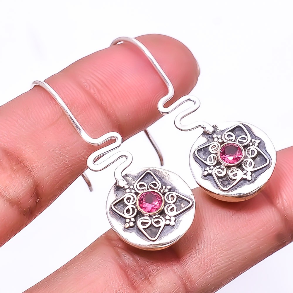 Ruby -Simulated -Simulated 925 Sterling Silver Two Tone Earring 1.56″