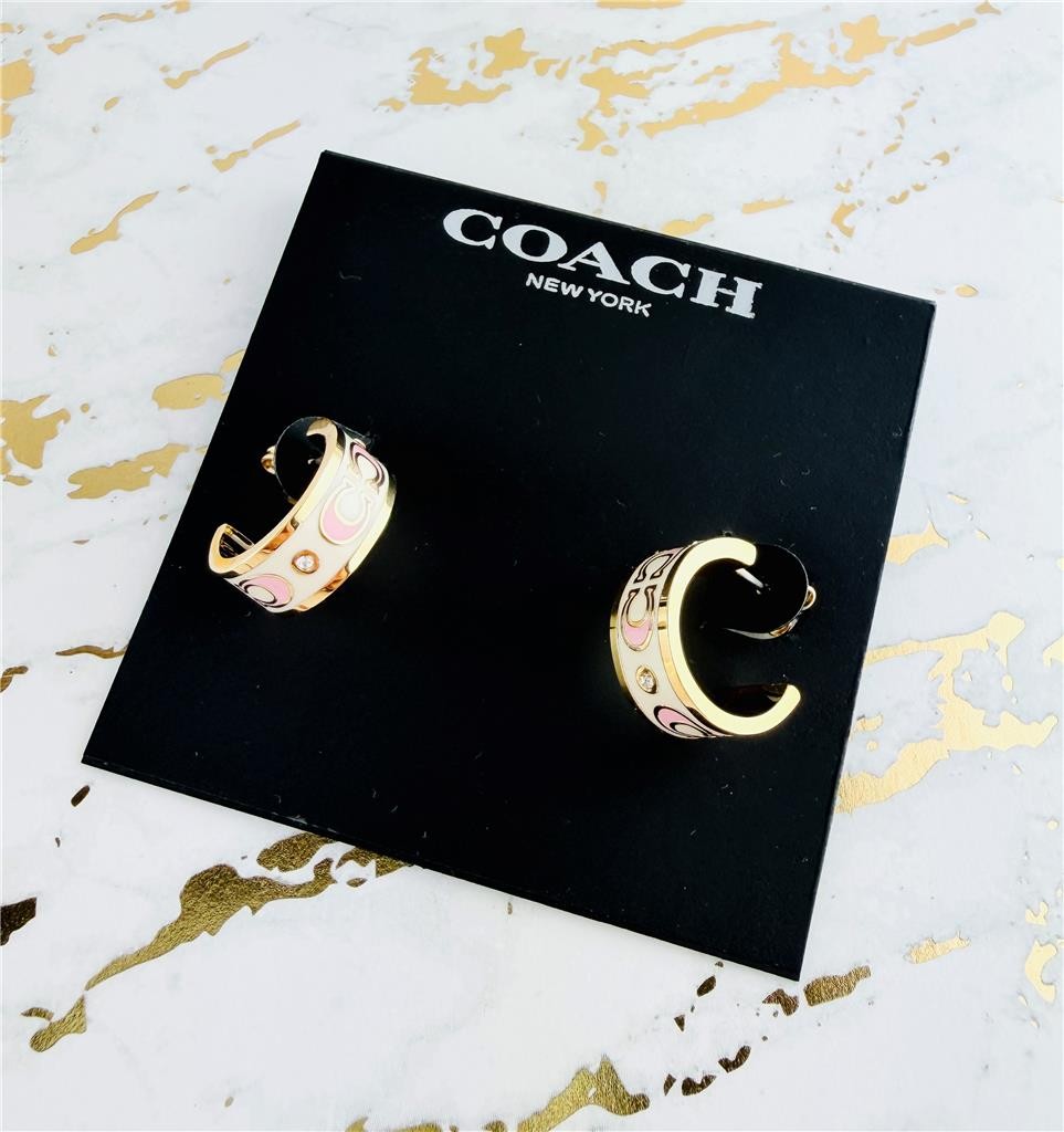 New Coach Signature Enamel Pink Gold Hoop Huggie Earrings