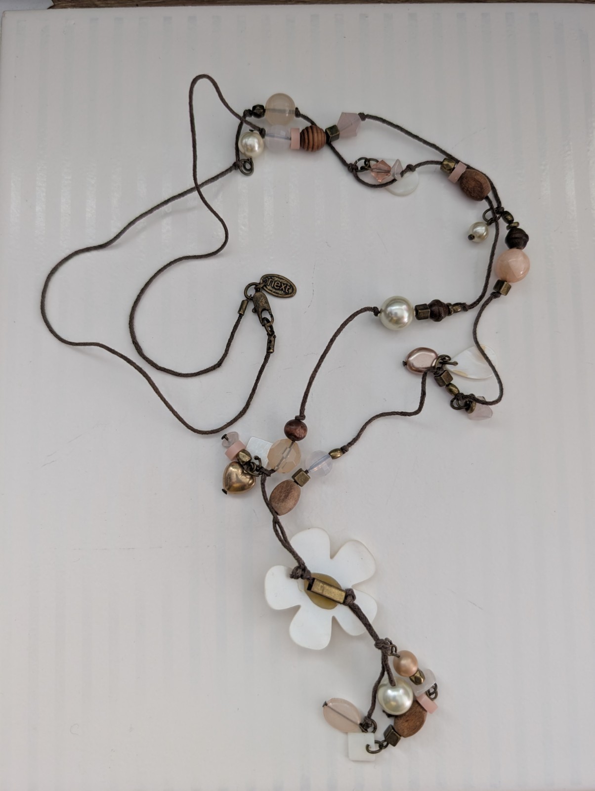 Next Signed Floral Heart Faux Crystal Pearl Wood Beaded Tassel Pendant Necklace