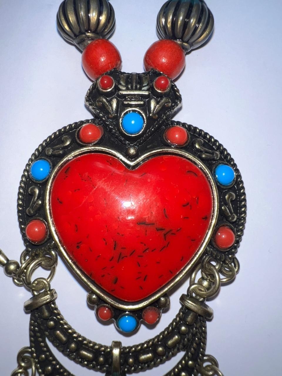 Vintage Tibetan Style Boho Statement Necklace Red Heart Pendant Ethnic Jewelry