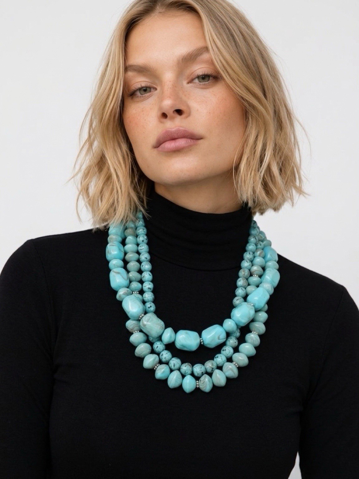 Blue Layered Multi-Strand Beaded Statement Necklace, Round Beads, Casual