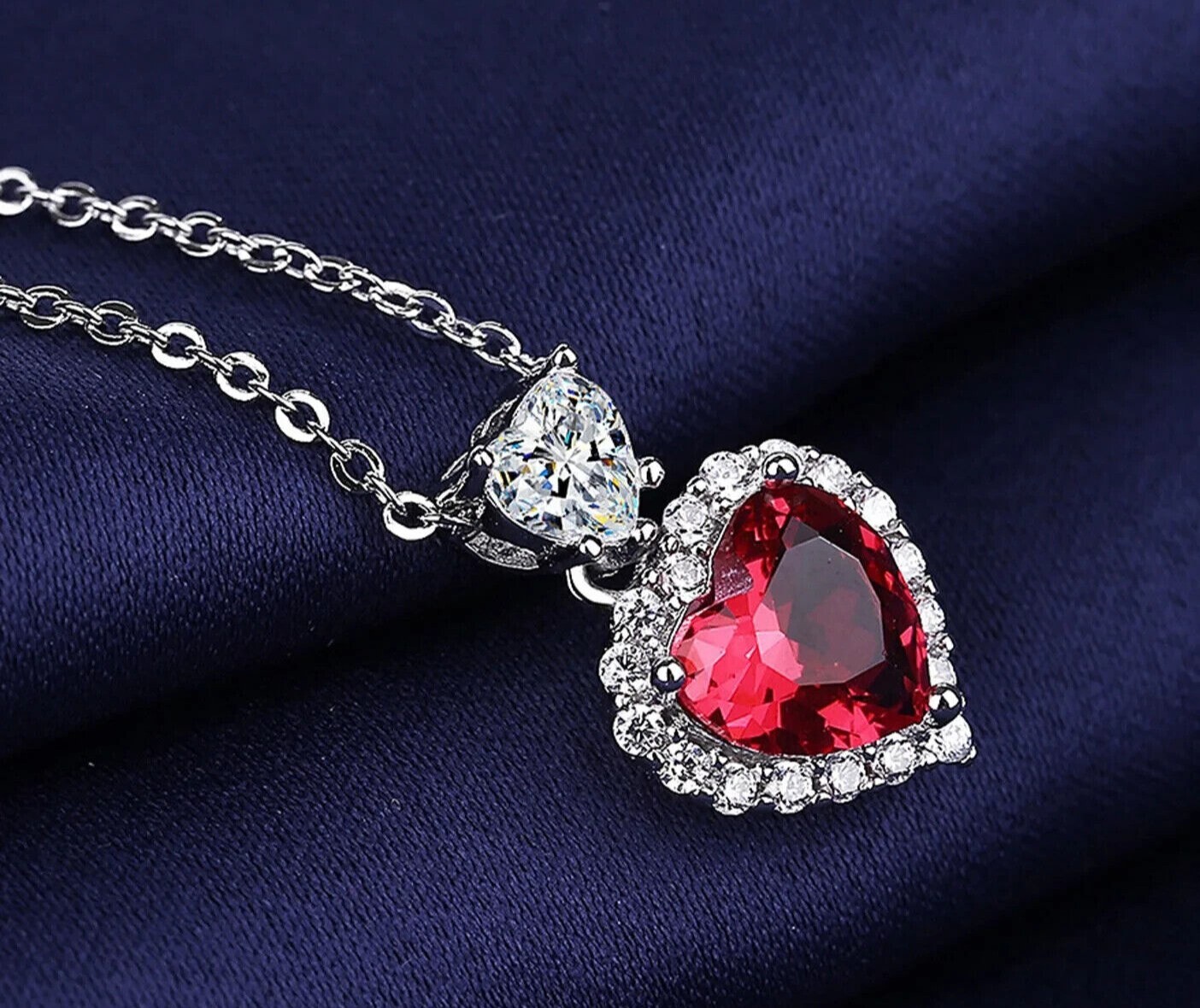 Heart Cut Simulated Red Ruby Women’s Halo Pendant Chain In 14k White Gold Plated