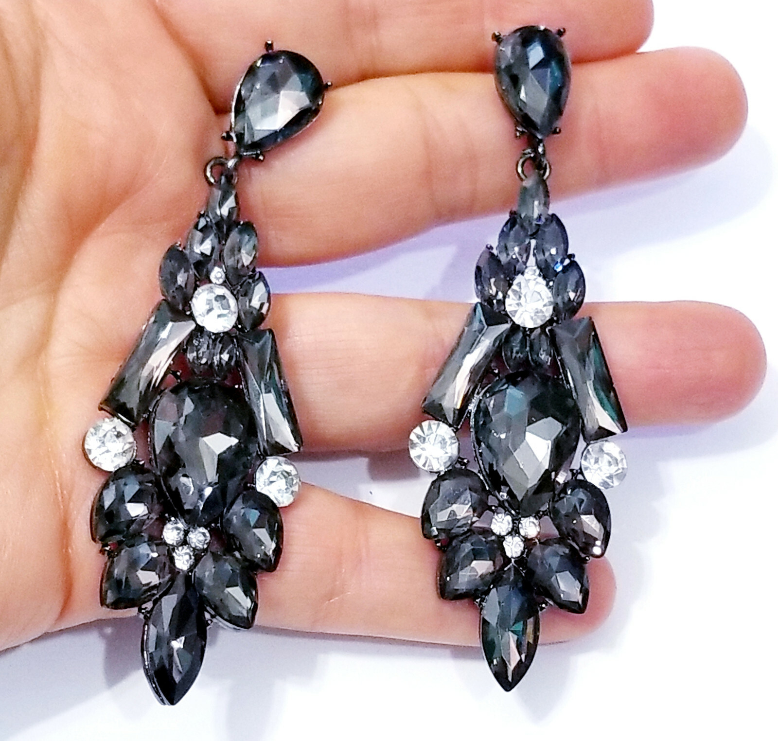 Gray Rhinestone Chandelier Drop Earrings Steampunk Prom Pageant Jewelry 3.2 in