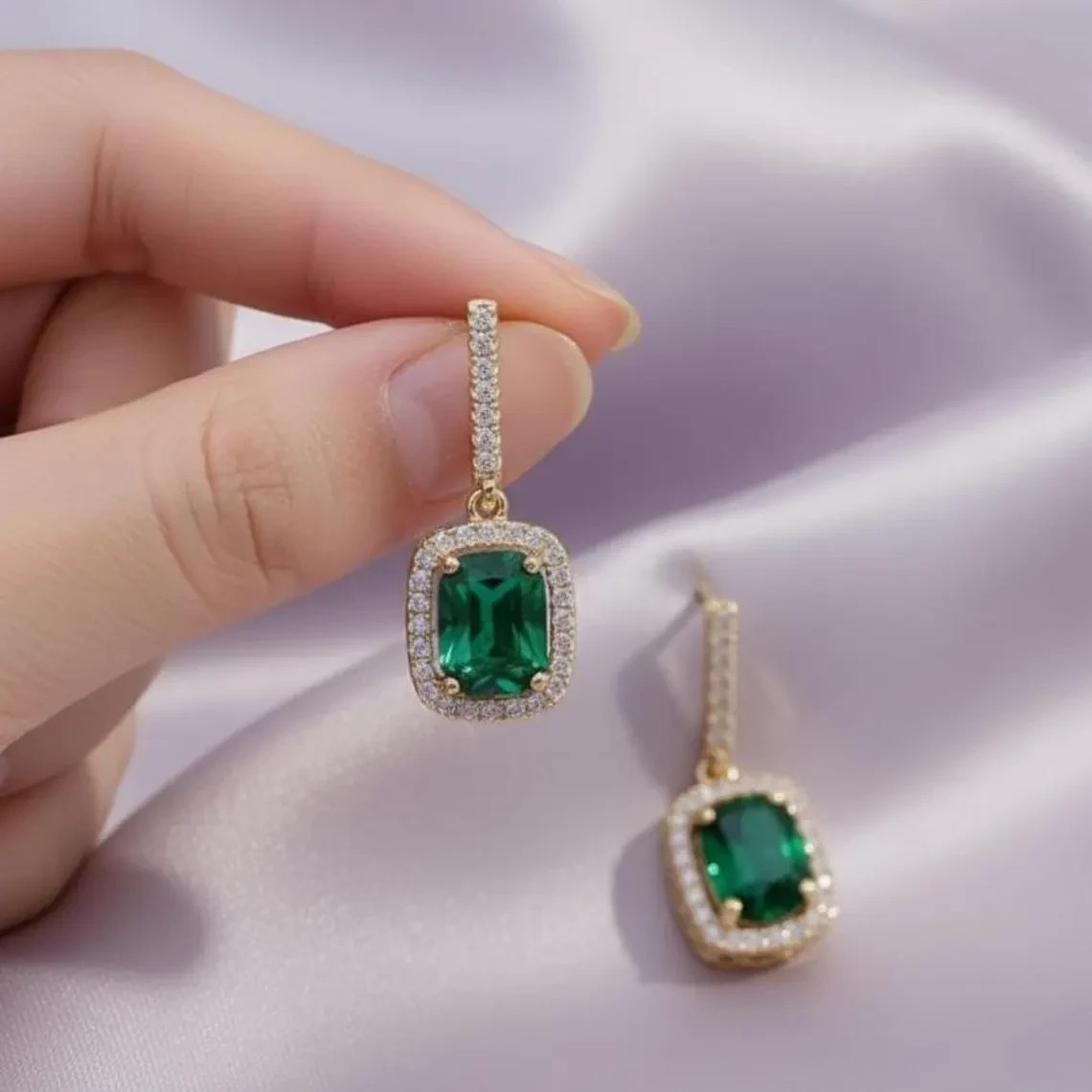 Simulated Emerald & Diamond Halo Women’s Earrings Gift For Her 14K Gold Plated