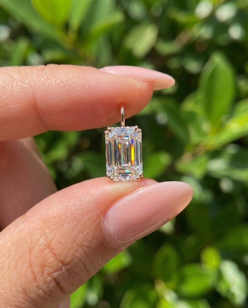 Solitaire Emerald Cut Moissanite Double Prong 10k Solid Gold Pendant For Her