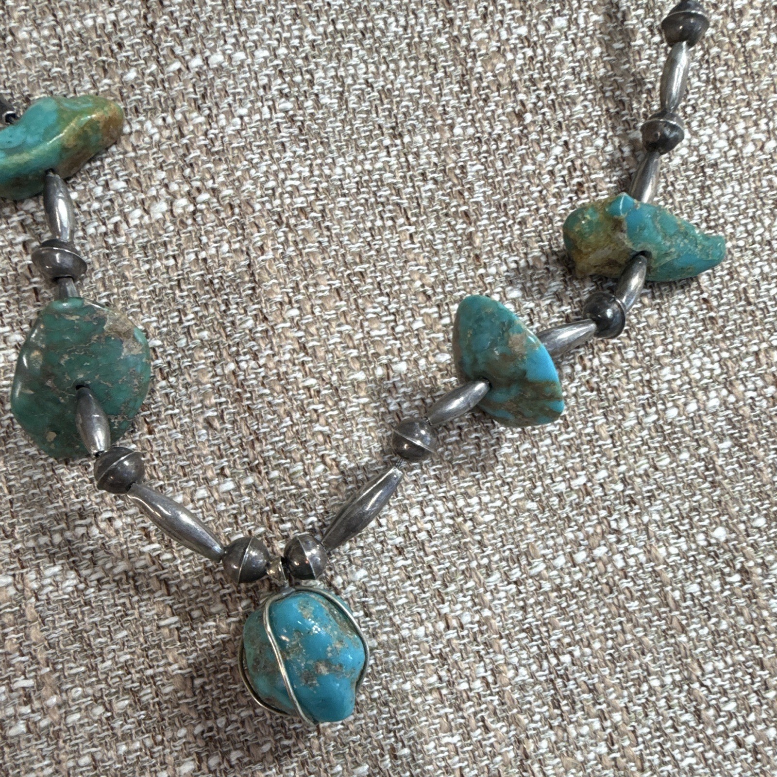 Turquoise Beaded Stone Necklace Silver Tone Freeform Charm Pendant Hook