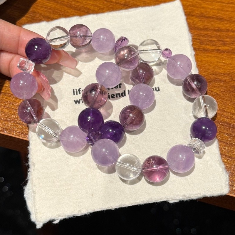 13mm Natural Amethyst and White Crystal Handmade Bracelet