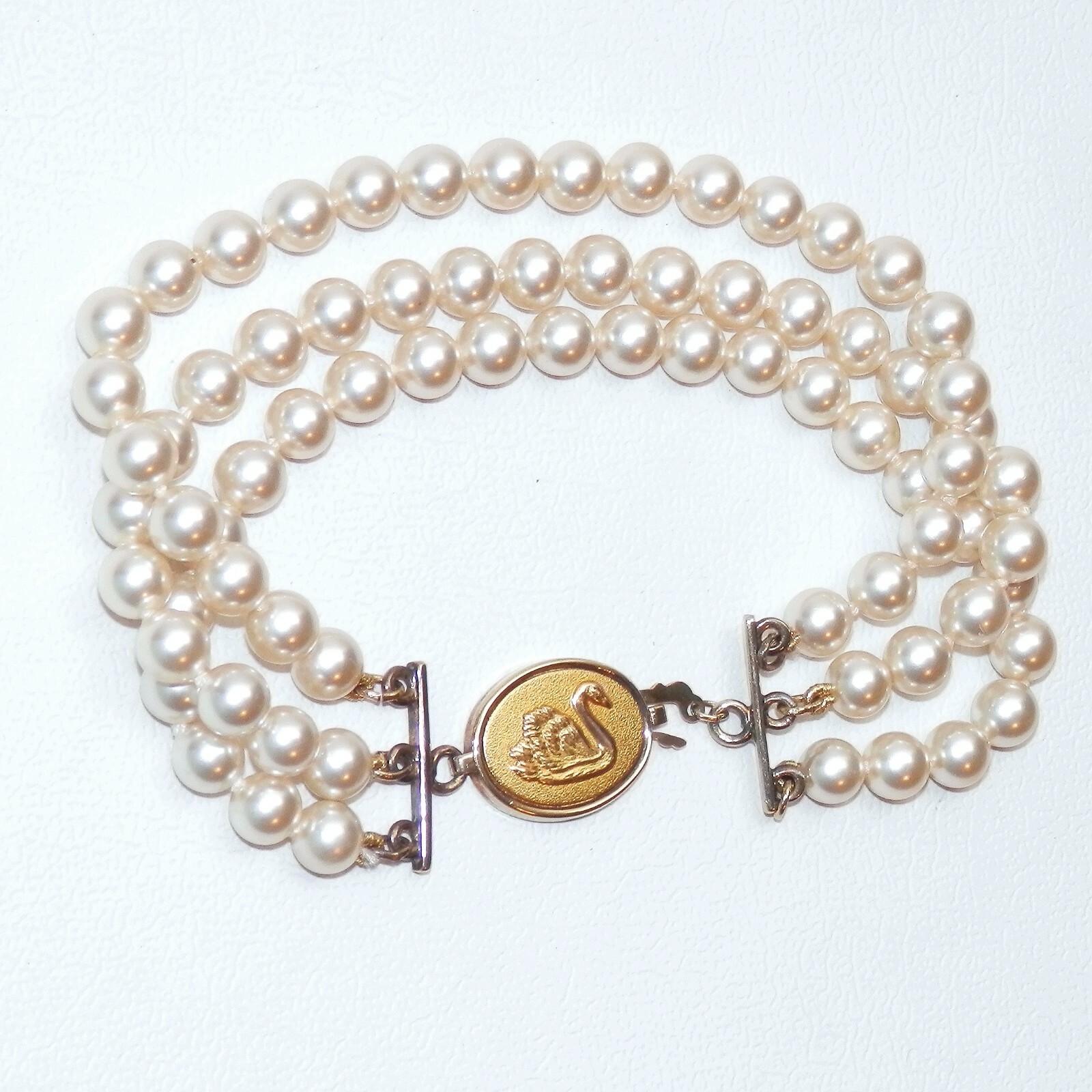 Vintage 7″ Jostens Sterling Silver 925 Swan Clasp Gold Plated Pearl Bracelet