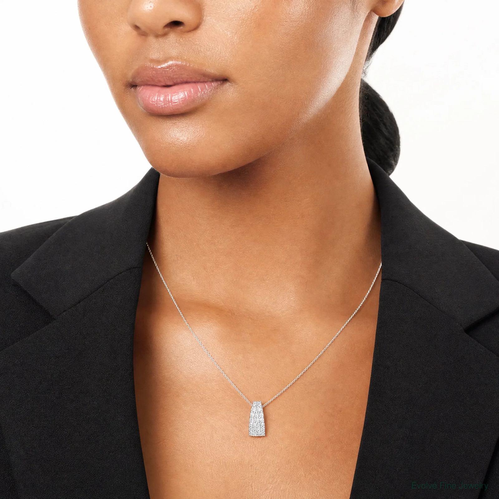 Sterling Silver RH-Plt Polished CZ Curved / Tapered Chain Slide Pendant