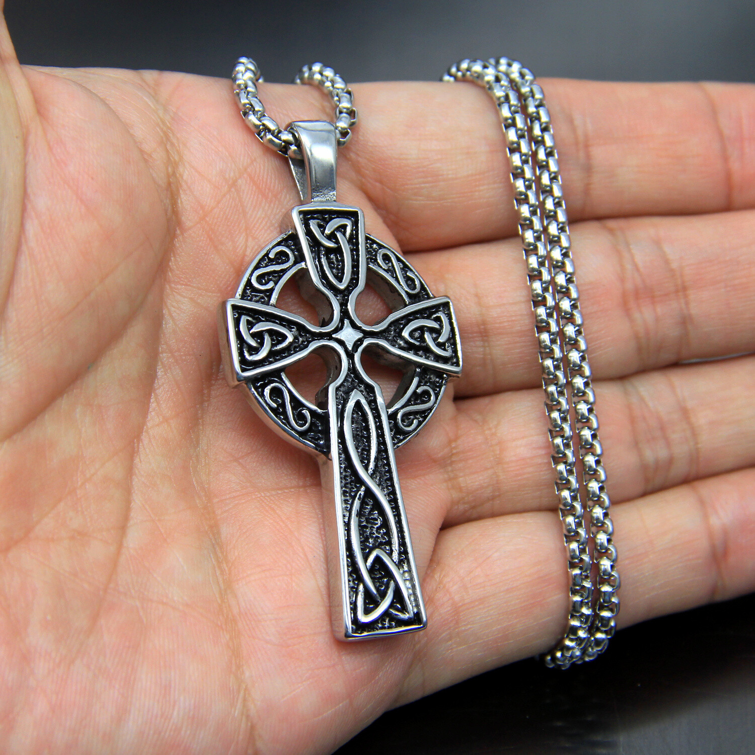 Mens Celtic Cross Pendant Chain Necklace Stainless Steel Irish Knot Silver/Black