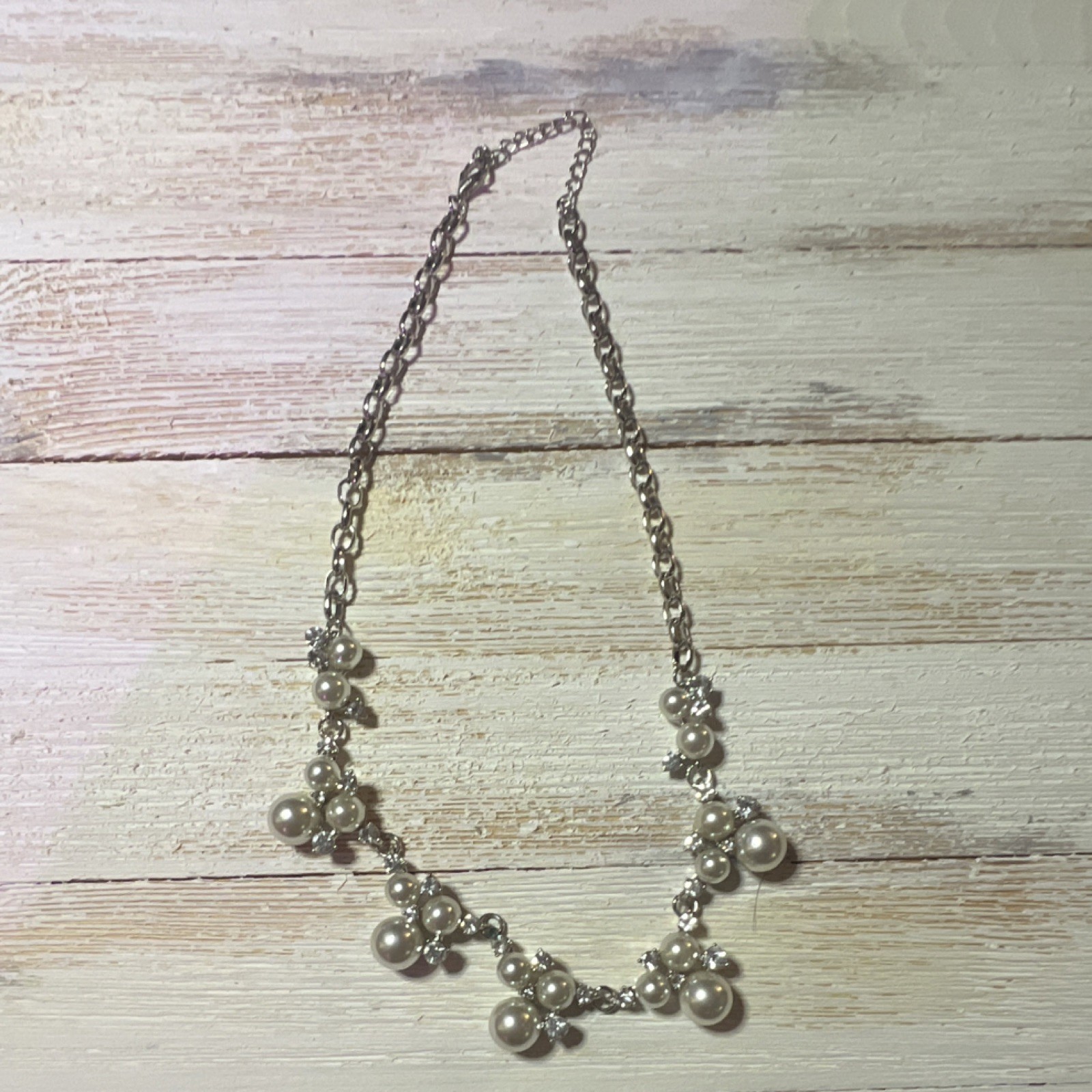 Silver-Tone Cable Chain Necklace w/ Imitation Pearl & Crystal Charms