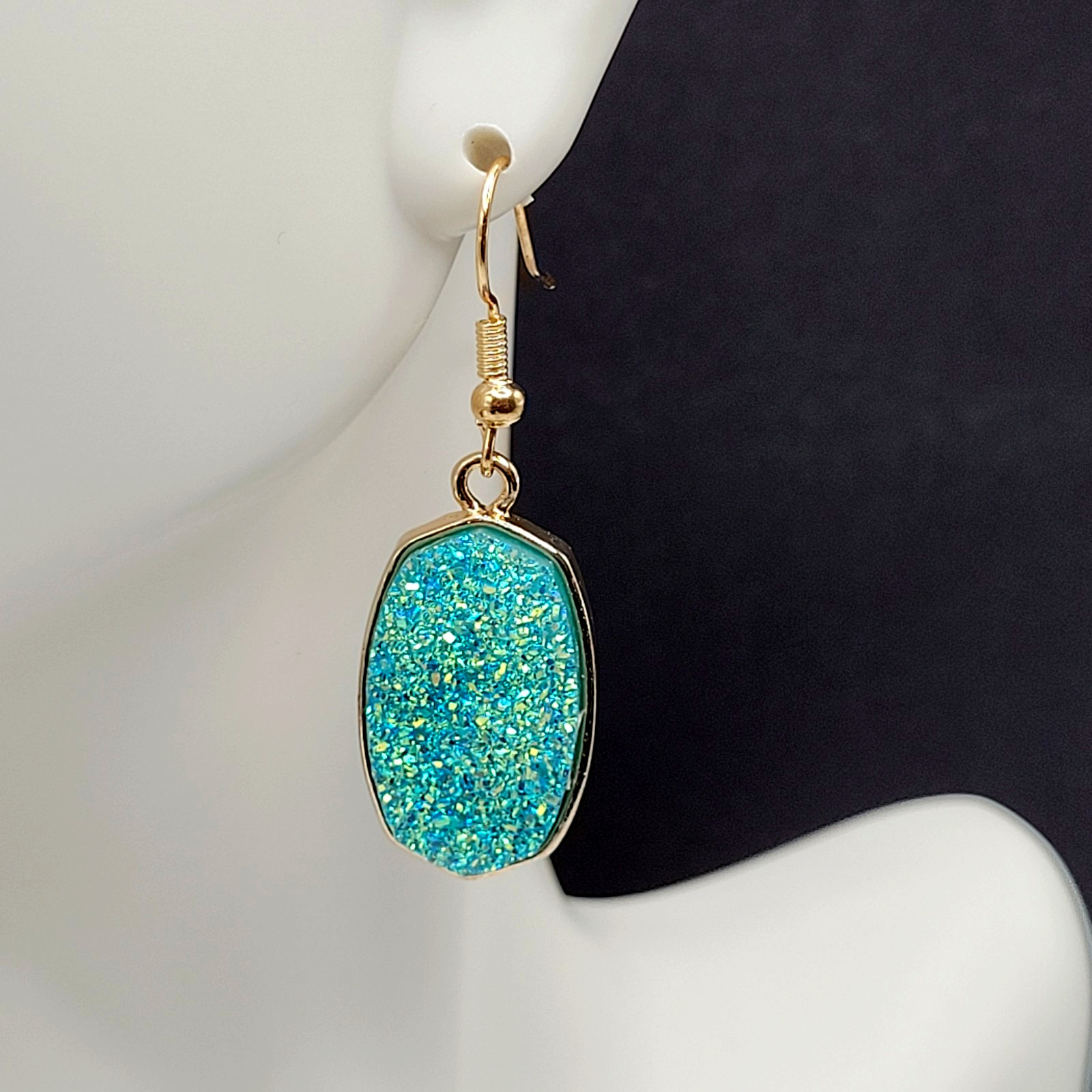 Modern Sparkle Faux Druzy Turquoise Color Gold Tone Pierced Hook Dangle Earrings
