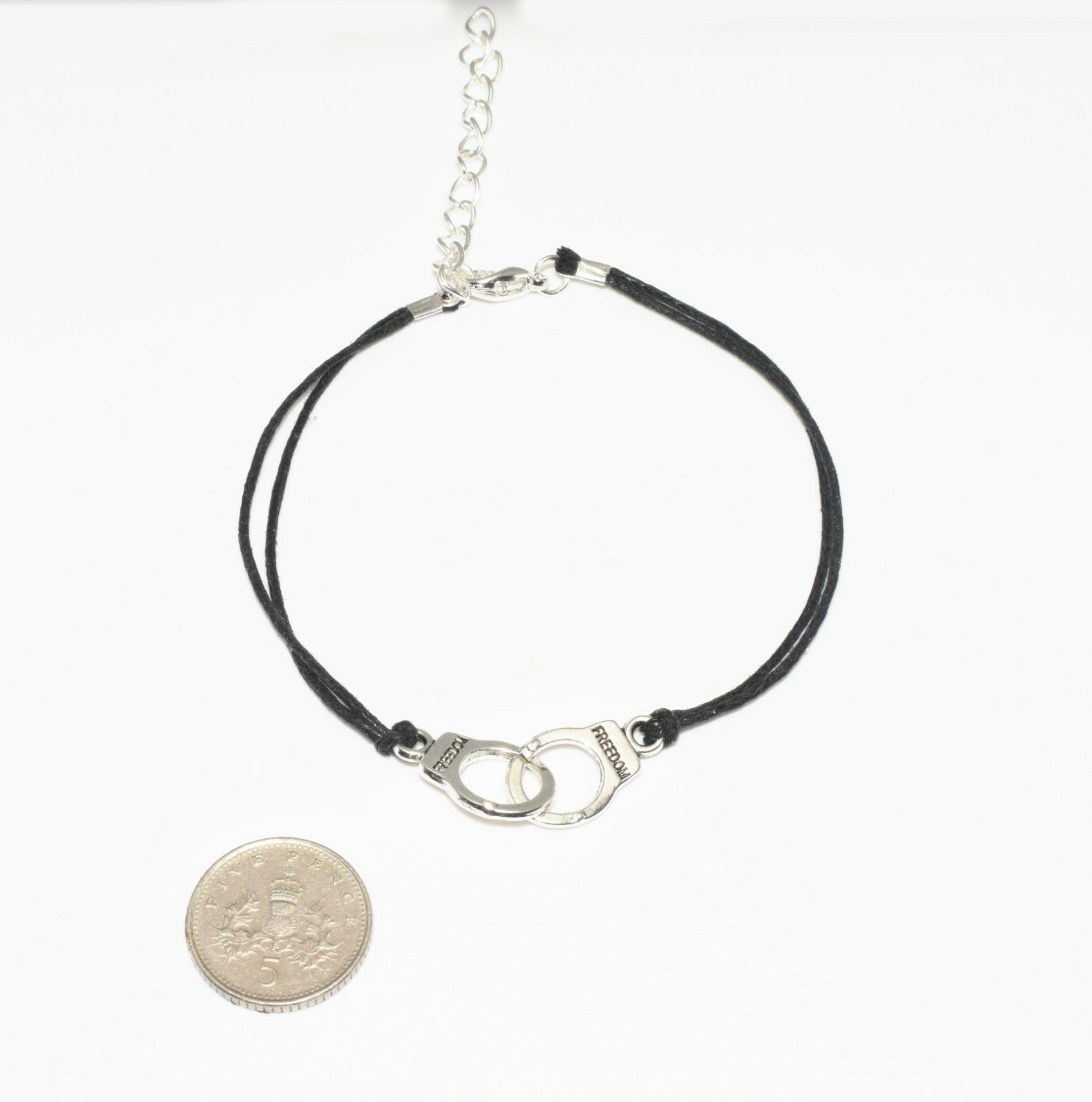 Hand cuff bracelet metal charm on 1mm waxed cotton card clasp and safety chain