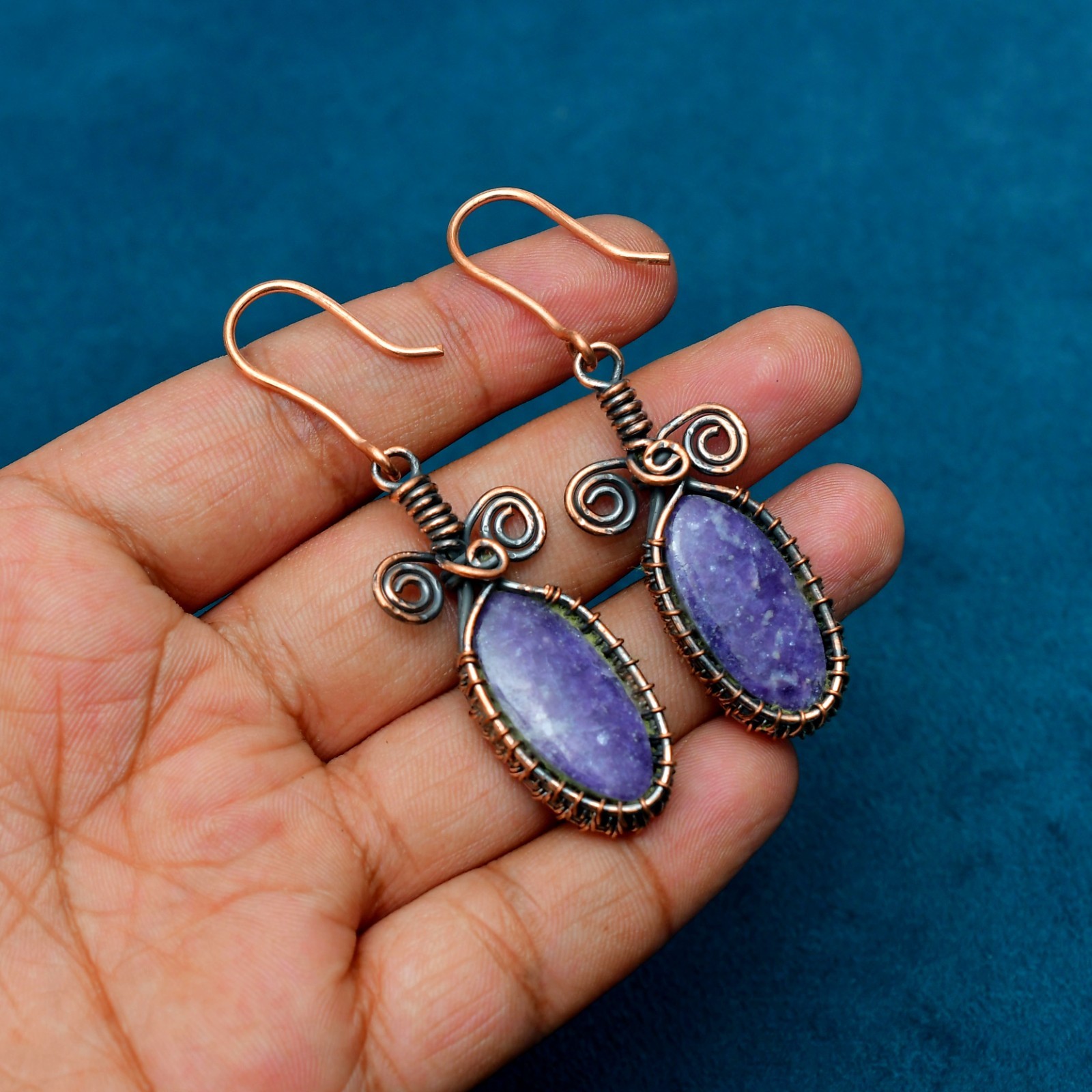 Lepidolite Gemstone Handmade Copper Ethnic Jewelry Earrings 2.51″