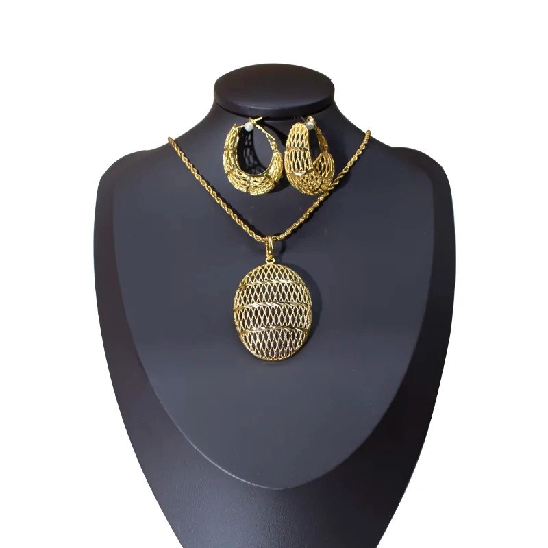 45cm Italian Dubai 18K Gold Plated Bride Hollow Earrings Pendant Necklace Sets