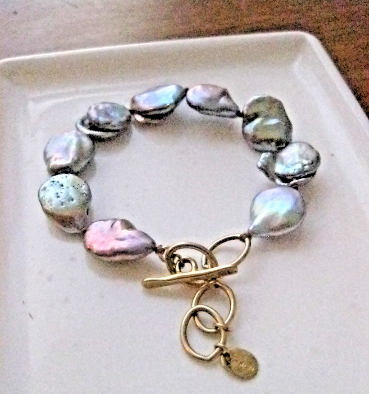Chan Luu Bracelet Gray Freshwater Pearl Baroque Lustre Coin Gold Chain Boho NWOT