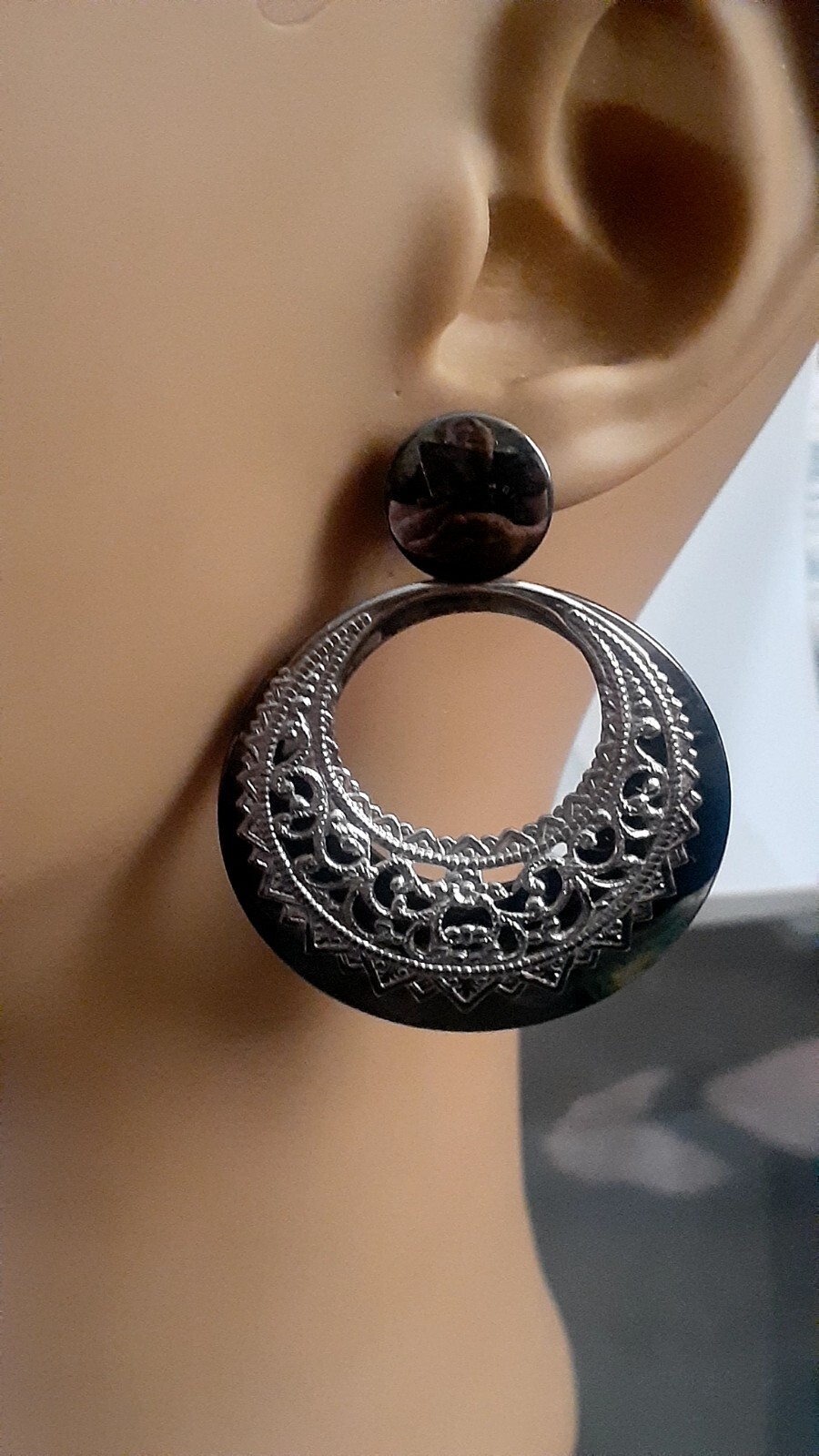Metallic Gun Metal Grey Silvertone Double Round Door knocker Earrings