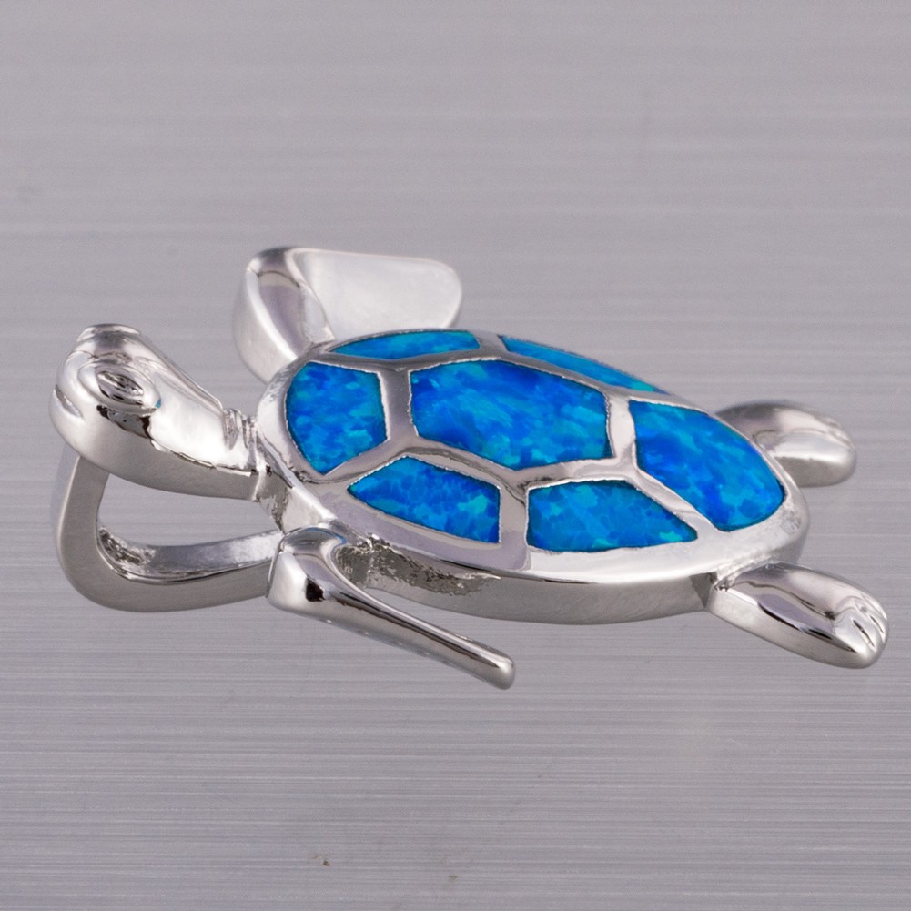 Green Sea Turtle Ocean Blue Fire Opal Silver Jewelry Necklace Pendant