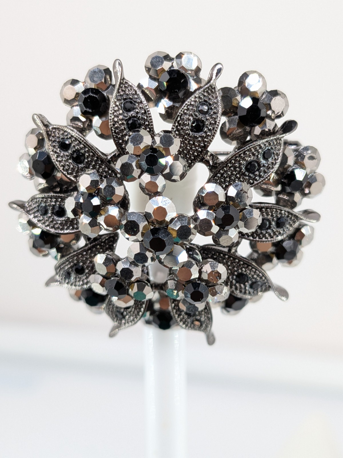 Vintage Gunmetal Rhinestone Flower Brooch Pin Hematite Crystal Dome 2in 30g