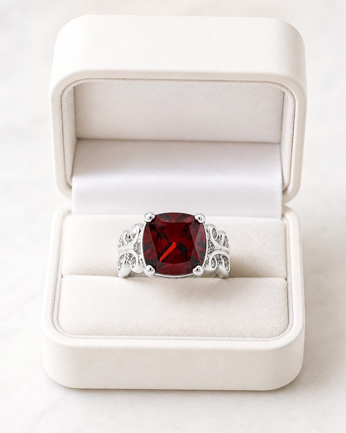 LAB CREATED 6.85 Cts GARNET SOLITAIRE RING 14K WHITE GOLD PLATED – New With Tag