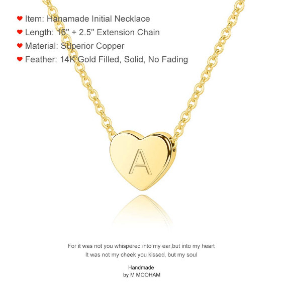 Mooham 14K Gold Plated Heart Initial E Necklace w/ Gift Box