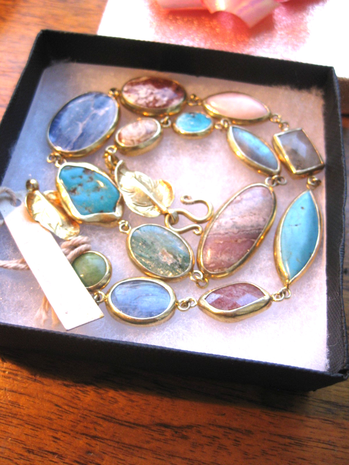 Chan Luu Necklace Gold Bezel Gem Mix Yasmine Statement w Leaf Charm Hook NWT