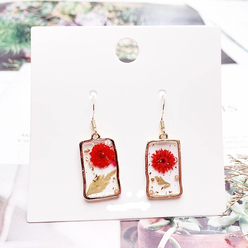 REAL Flower Earrings Dried Pressed resin glossy rose daisy gold Cottagecore cute