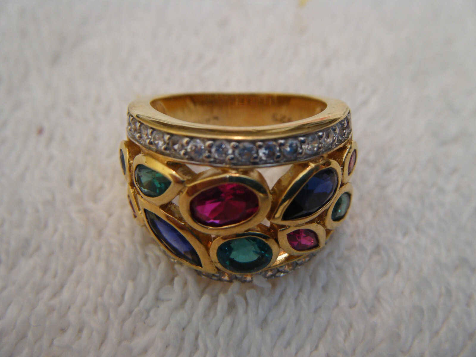 😊 GOLD-TONE STERLING SILVER W/ RED/BLUE/GREEN GEMSTONE RING SIZE 5 NTD 3PT8