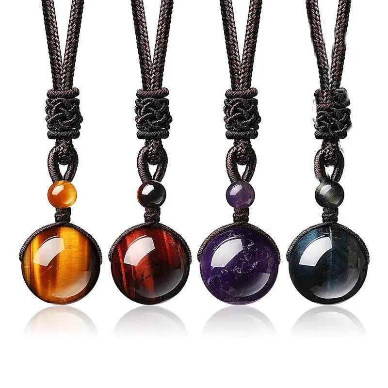 Natural Obsidian Tiger Eye Amethyst Pendant Necklace Adjustable Cord Gift