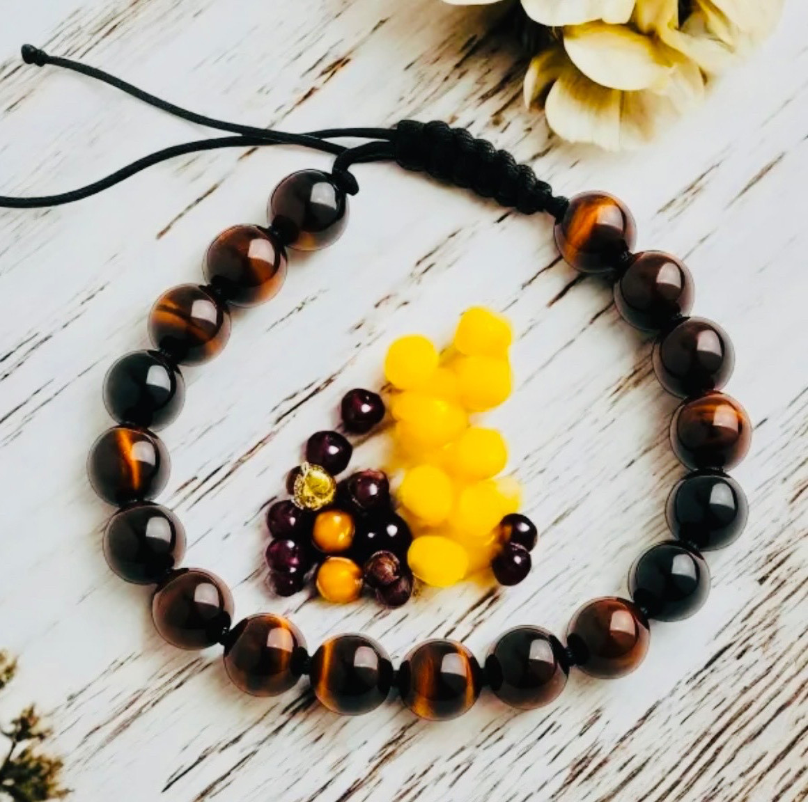 Men’s Tiger Eye Black Obsidian Beaded Adjustable Bracelet 8mm Natural Stone