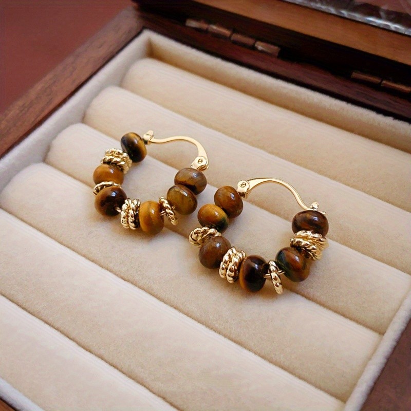 1 Pair Vintage Tiger Eye Stone Hoop Earrings Elegant Ear Clips Statement Jewelry