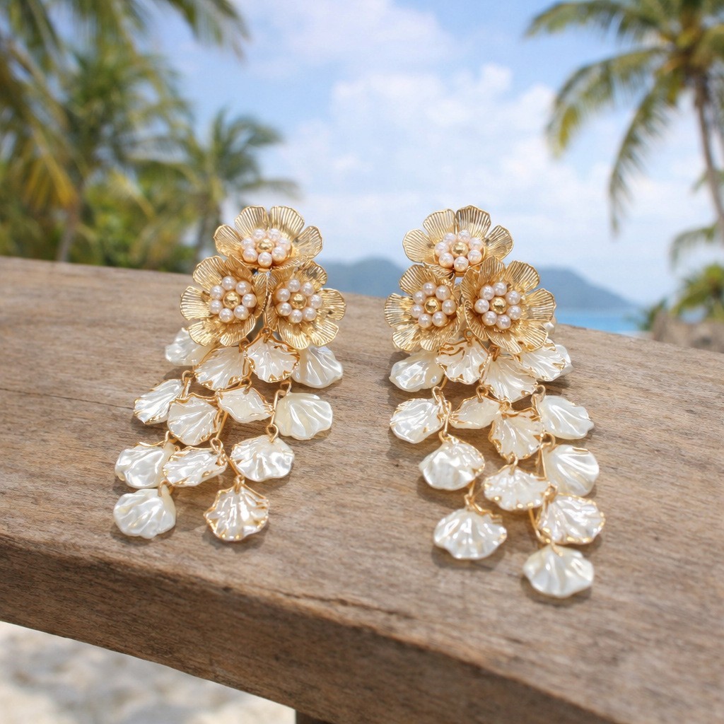 White Cluster Pearl Earrings Gold Metal Clip On Screw Back Cascading Handmade