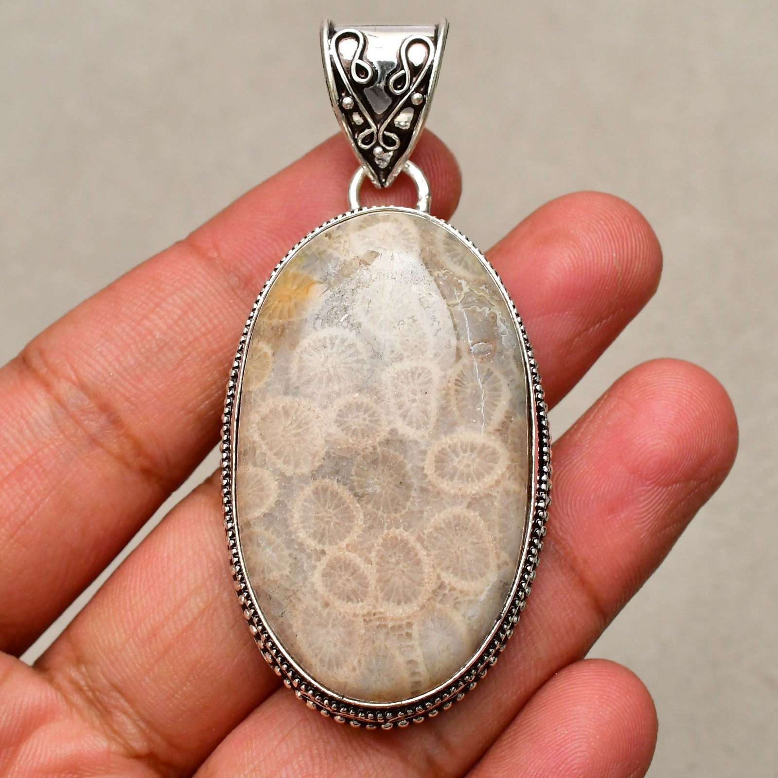 Fossil Coral Gemstone Handmade 925 Sterling Silver Jewelry Pendant 2.48″