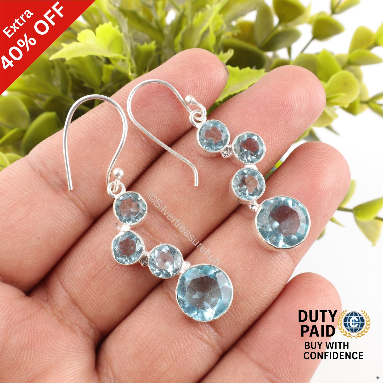 925 Sterling Silver Round Sky Blue Topaz Stone Elegant Dangling Earrings Jewelry