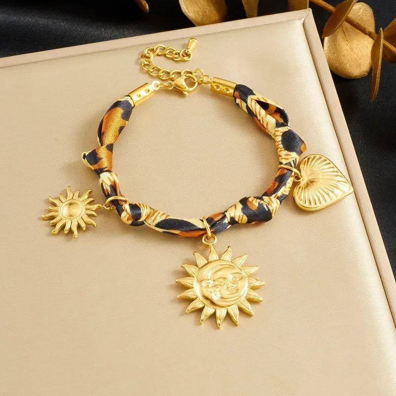 Charm Anklet Bracelet Twisted Braided Scarf Bandana Gold Plated Sun Moon Charms