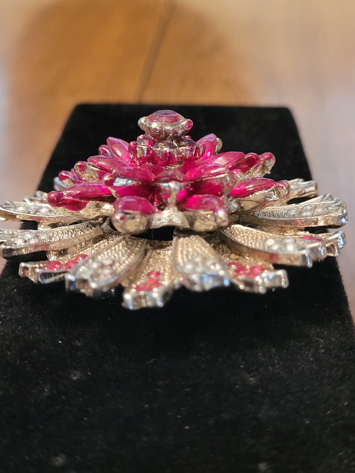 Vintage Ruby Red Rhinestone Chrysanthemum Flower Brooch Silver Tone Unsigned