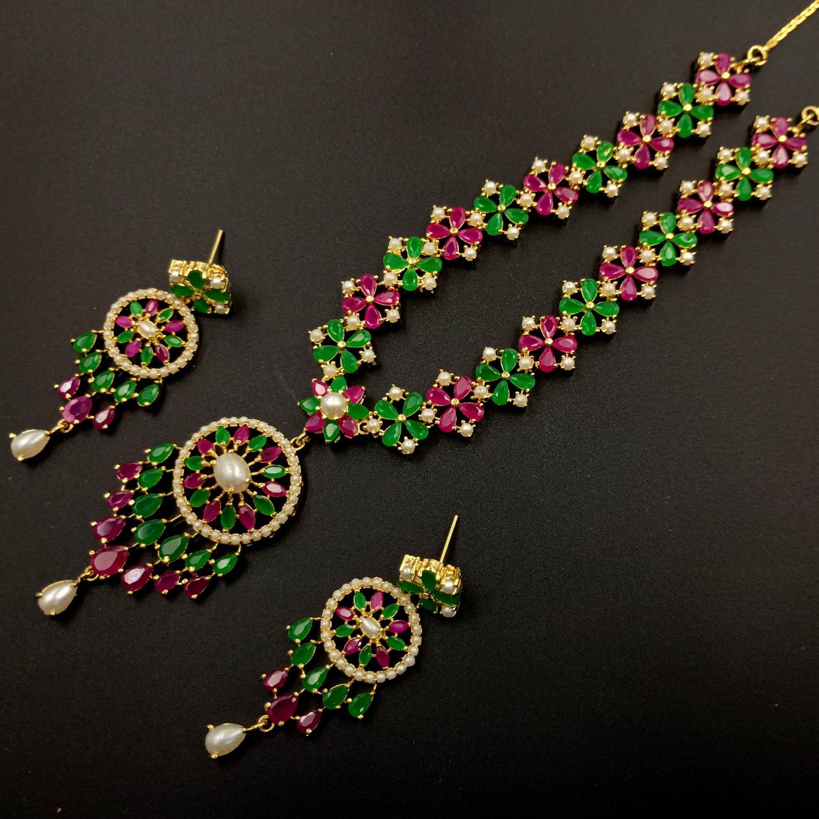Royal Ruby Emerald Pearl Choker Set 22k Gold Plated Indian Temple Bridal Jewelry