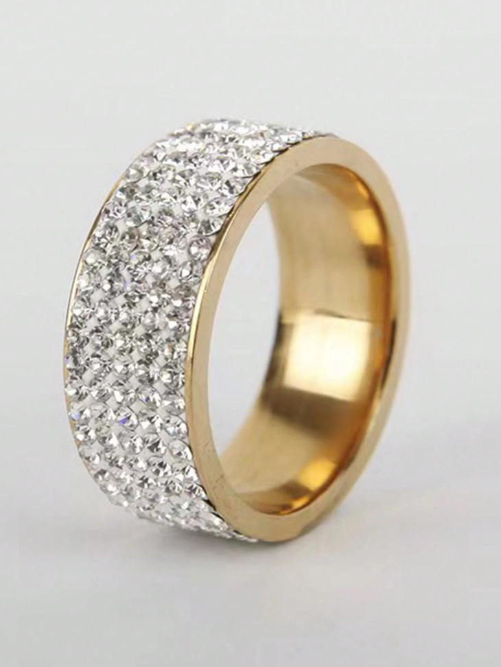 8mm Iced Out 5-Row Crystal Rhinestone Stainless Steel Eternity Band Ring Women