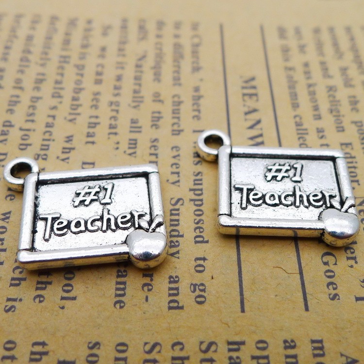 30PCS Antique Silver Tone 2 Sided #1 Teacher Charm Pendant JHS375