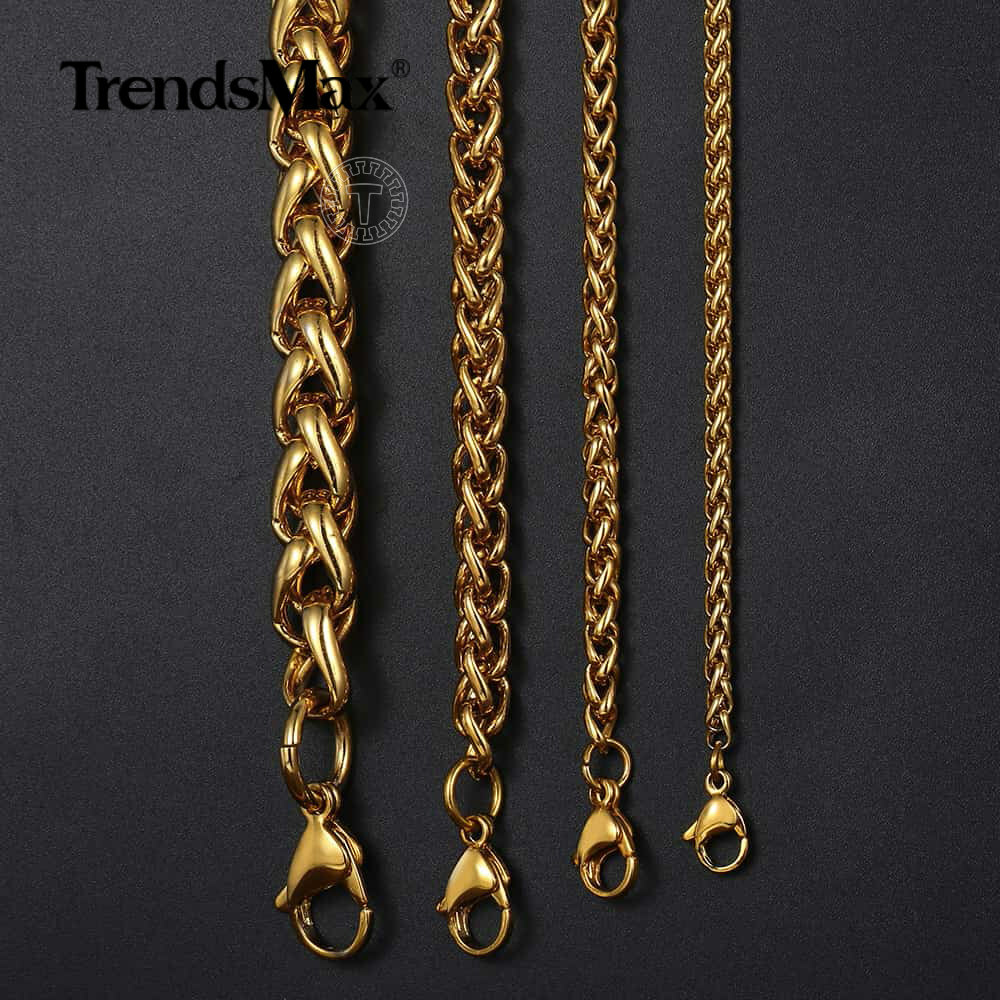 18K Gold Plated Stainless Steel Wheat Braided Chain Necklace Jewelry 3mm – 9.5mm