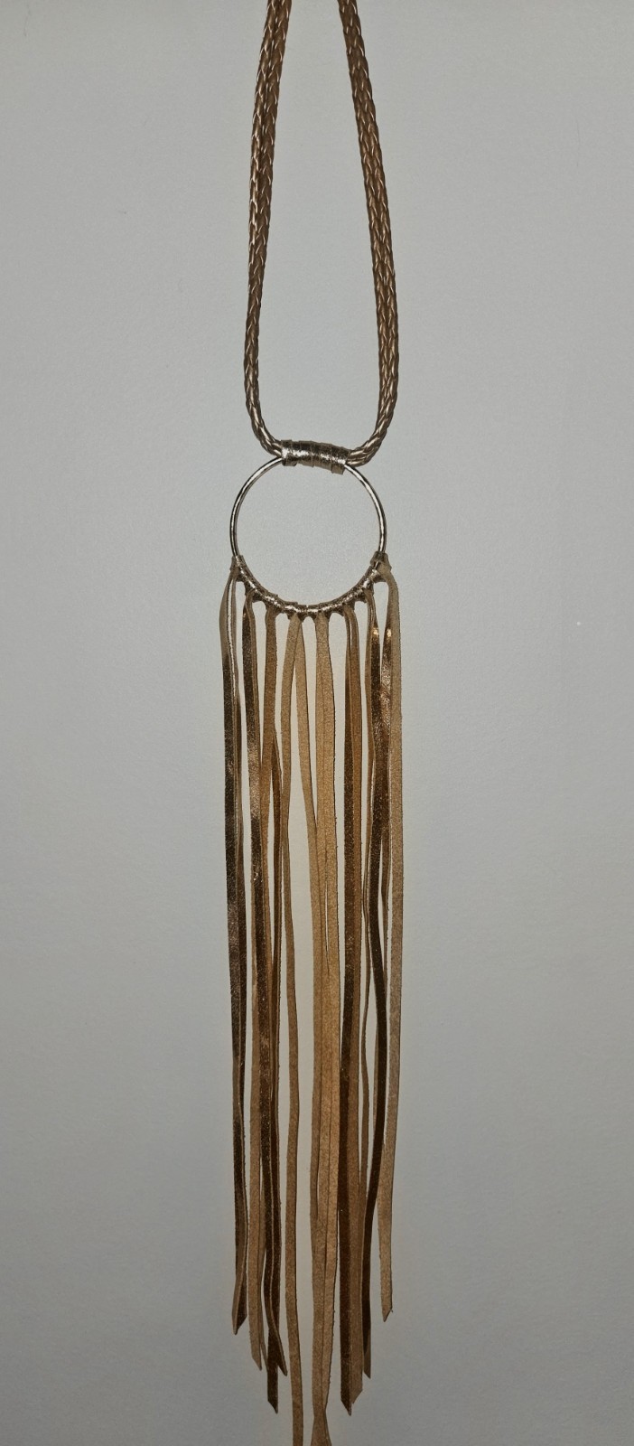 Gold Tone Faux Leather Cord Necklace Fringe Tassel Round Pendant Toggle 24″