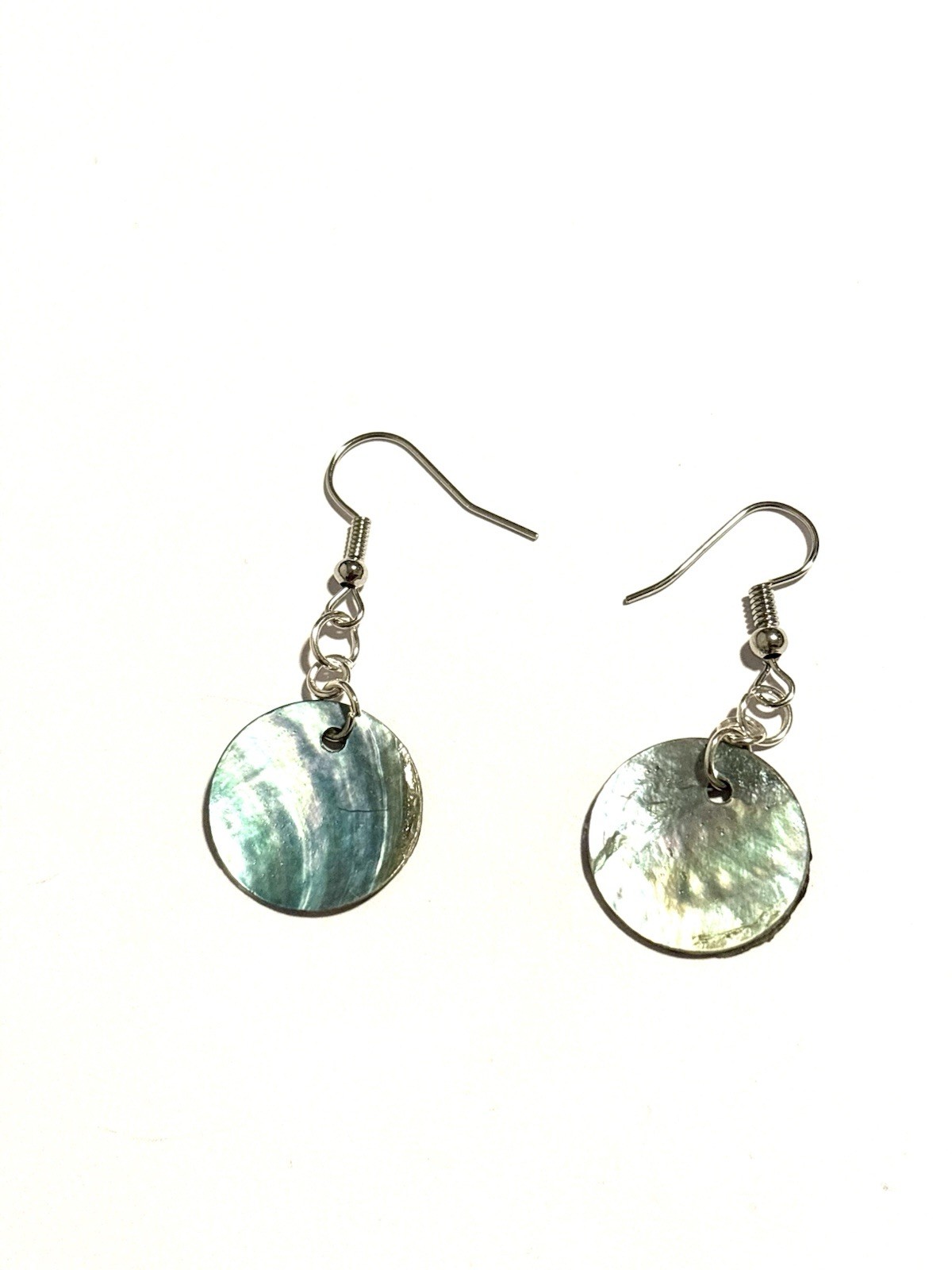 Silver Tone Green Natural Shell Round Disc Dangle Drop Hook Earrings