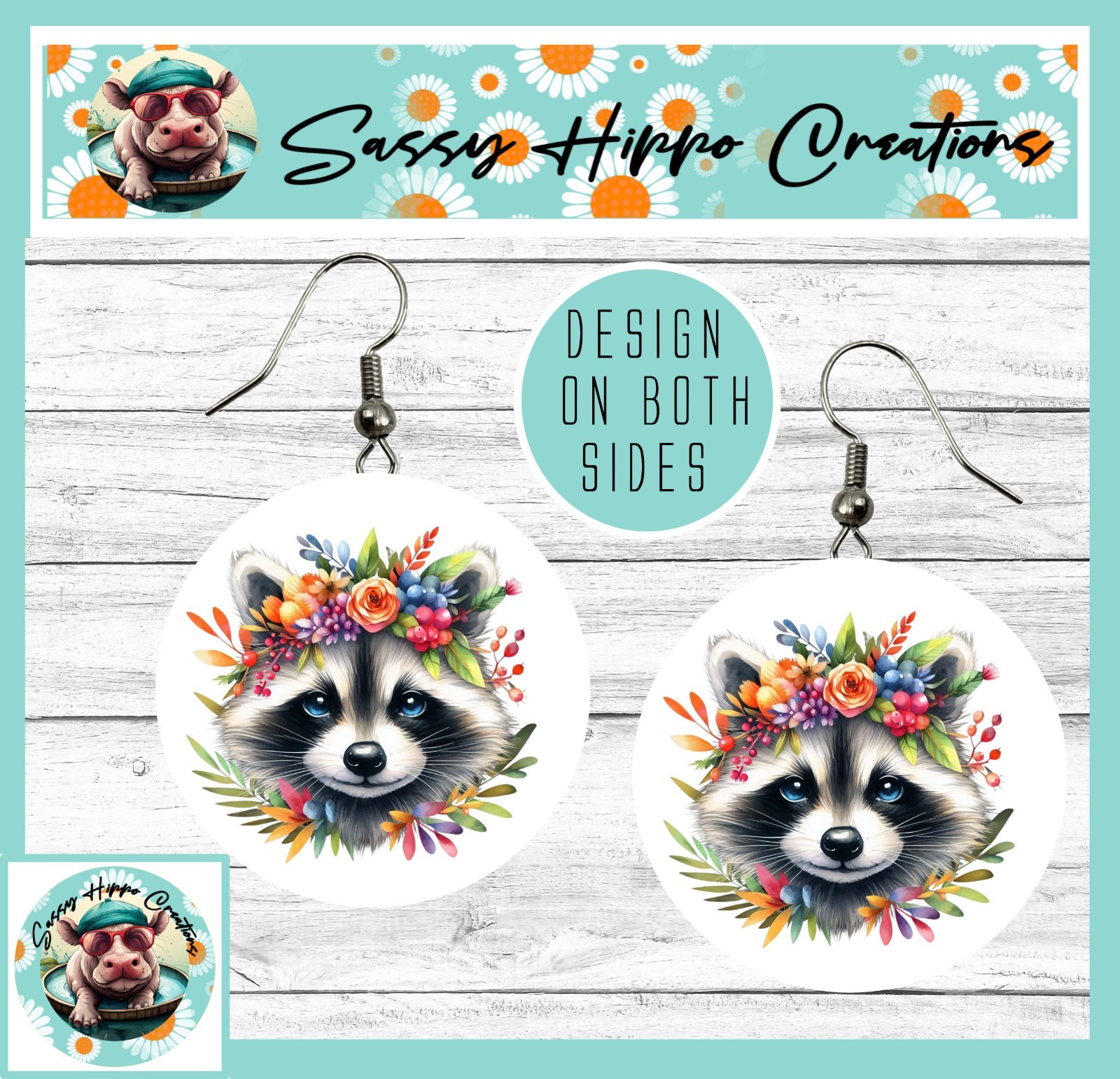 Earrings Round Silver Hook Backs Adorable Raccoon Colorful Flowers Sublimated
